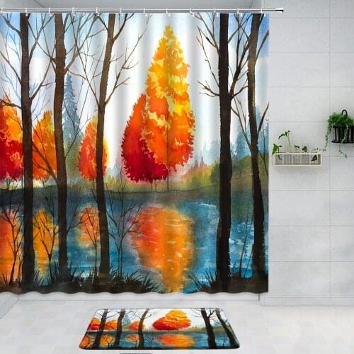 Landscape Painting Bathroom Curtain Shower Curtain Set Bath Mats Rug watercolor Curtains For Kitchen Room Decor Bath Accessories