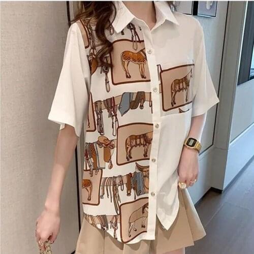 Women Shirts Short Sleeve Polo-Neck Print Elegant Retro Blouses Summer Ladies Casual Loose Blusas Fashion Tops MM0729