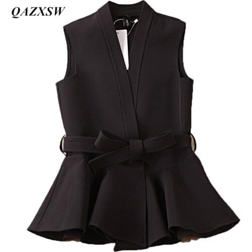 QAZXSW Spring Waistcoat For Women Female Vest Lace Up Ruffles Slim Coat Sleeveless Plus Size Black Women Vest Coat Colete YX8815
