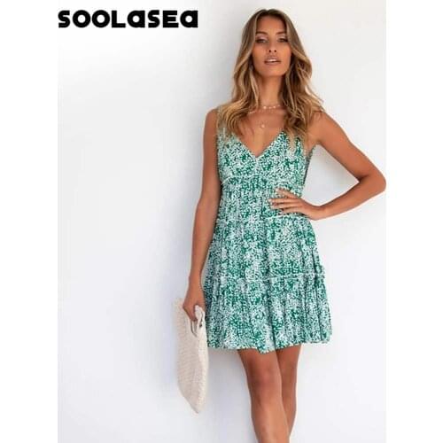 Soolasea 2021 New Bohemia Floral Dress Women Casual V Neck High Waist Sleeveless Dress Fashion Print Summer Mini Dress Vestidos