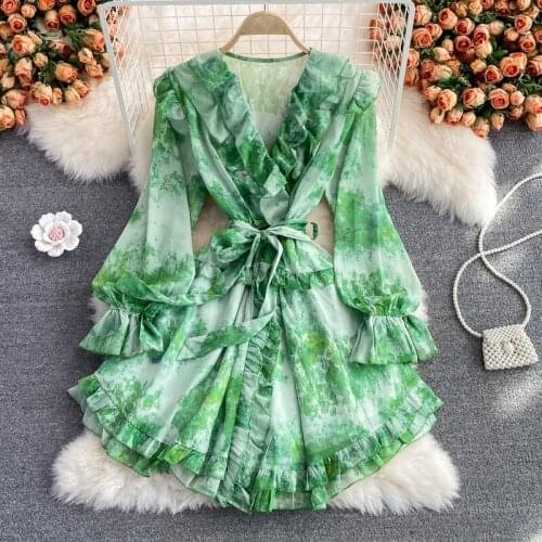 2021NewBohemian Printed Chiffon Mini Dress For Women Autumn Sexy V-Neck Ruffle Flare Long Sleeve High Waist Vacation Beach dress