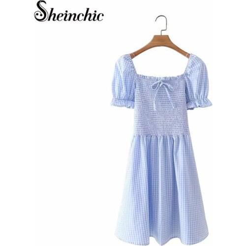 Vintage Square Sleeve Puff Sleeve Blue Plaid Woman Dress 2021 Summer Elegant A-line Mini Dress Roupas Femininas