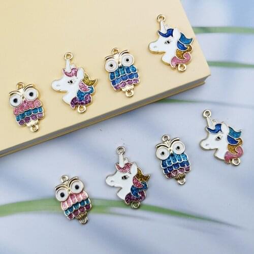 10pcs/lot Colorful Shiny Unicorn Owl Animal Alloy Connectors Charms For Women Girls DIY Necklace Bracelet Jewelry Accessories