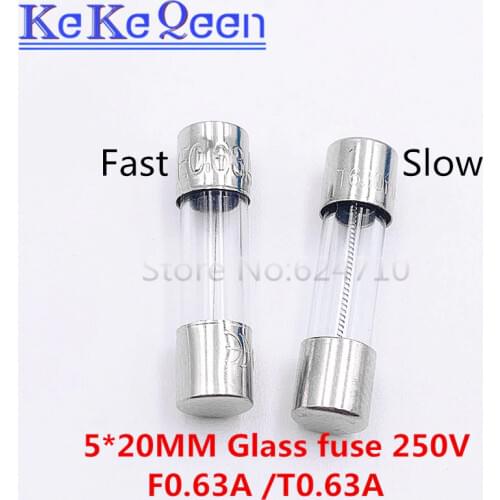 100pcs/lot 5*20MM F630mA/T630mA 250V 5 x 20mm 5*20 F0.63A T0.63A Slow / Fast Blow Glass Tube Fuse 630mA 0.63A 0.63 Amp