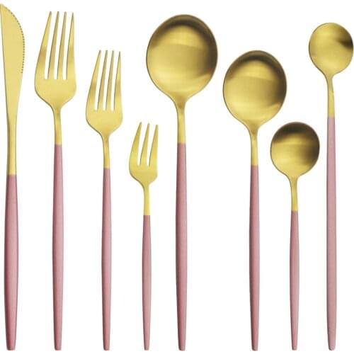8Pcs Gold Dinnerware Cutlery Set Knife Cake Fork Dessert Spoon Tableware Stainless Steel Flatware Ice Cream Scoop Silverware Set