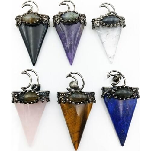 Antique bronze and Black Obsidian and Labradorite Gems stone Moon Pendant Ornate Desgin Lunar Pendant Spike charm amethysts