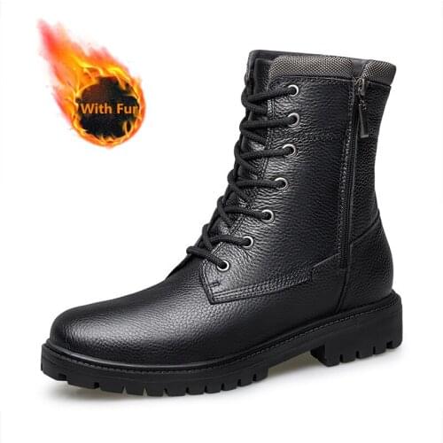 Luxury Brand Genuine Leather Side Zipper Mens Casual Boots Winter with Fur Warm Platform Non-slip High Shoes Motorcycle Boots