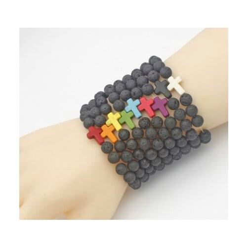 8mm black volcanic lava stone nu646 cross red blue red turquoise Yoga elastic thread adjust bead Stone Bracelet Bangles