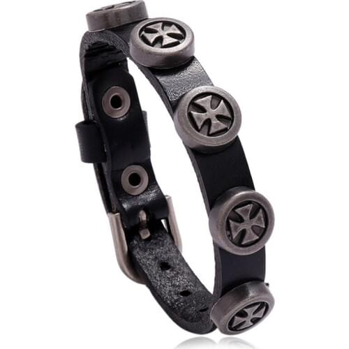 Punk Fashion Cross Wristbands Bracelet Belt Vintage Black Brown Genuine Leather Beads Charms Wrap Bangle Women Men Jewelry Gift