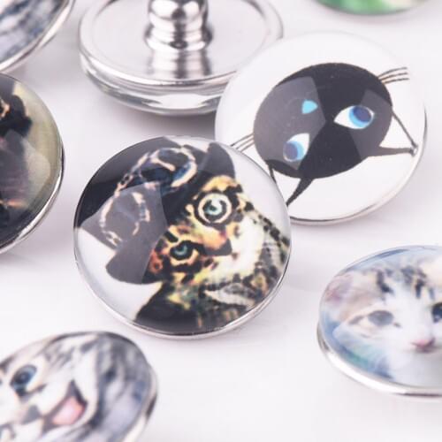 Snaps Jewelry 10PCs Assorted Cat Patterns Multicolor Mixed Snap Buttons For Snap Button Jewellery 18mm Silver Plated Glass Round
