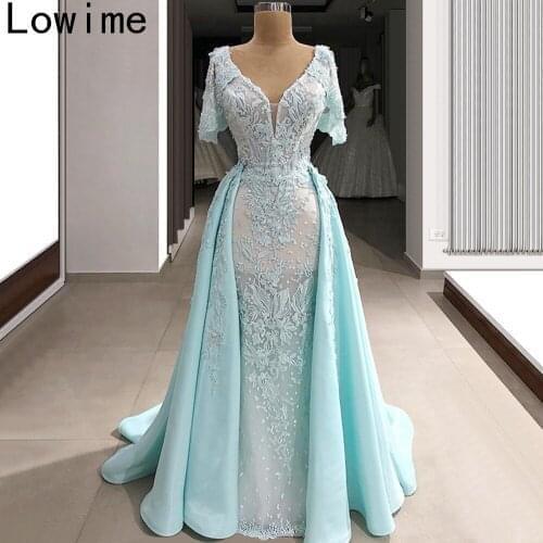 Elegant Sky Blue Muslim Evening Dress Two Pieces Lace Formal Prom Dress Middle East Illusion Women Party Gowns Arabic Vestidos