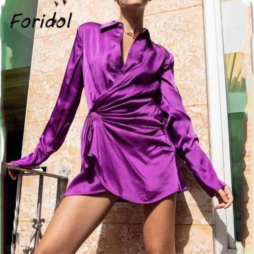 Foridol Shirred Satin Shirt Dress Women Long Sleeve Ladies Short Party Purple Dress Button Up Spring Autumn Ladies Dress 2021