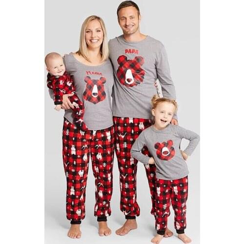Family Parent-child Pajamas Dad Mom Kid Baby Cute Polar Bear Print Top + Elastic Plaid Trousers 2pcs Set New Christmas Clothes