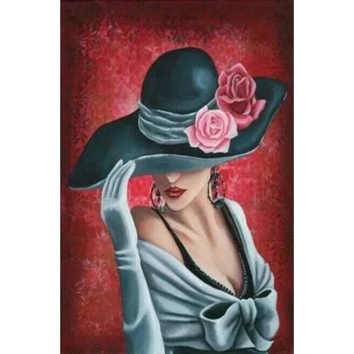 Handmade art oil painting girl Lady with rose hat portrait woman image for bedroom decoration