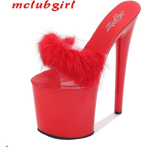 Mclubgirl Women Sandals Rabbit Hair Extra High Heels Thin Heels Sexy Waterproof Platform Hate Sky High Slippers Female LFD