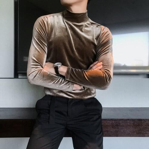 2021 New Autumn Long Sleeve T Shirts Men Fashion Men Clothes Velvet Stretched Turtleneck Slim Fit All Match Solid Men T-Shirts