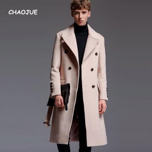 CHAOJUE Brand Mens Extra Long Woolen Coat 2018 Autumn/Winter England Artifical Cashmere Over Coat Business Causal Beige Outwear