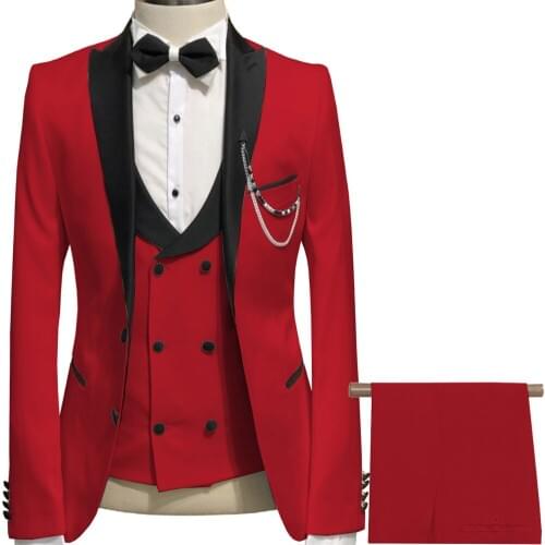 2019 Slim Fit Red Men Suits Black Peak Lapel 3 Pieces Wedding Groom Tuxedos Groomsmen Suits Party Formal Suit( jacket+Pant+Vest)