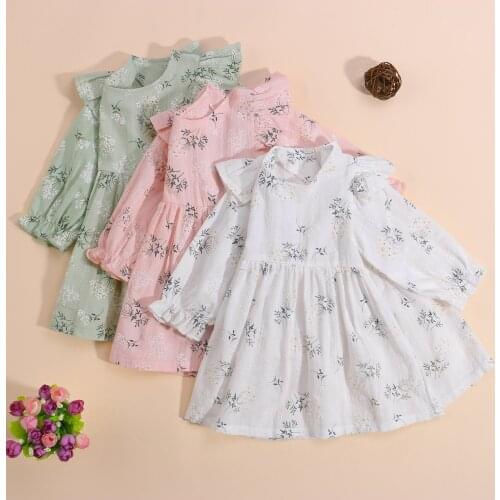 2021 New Autumn Infant Baby Girls Casual Dress Cute Sweety Floral Printed Pattern Long Sleeve Casual Dress Toddler Party Clothes