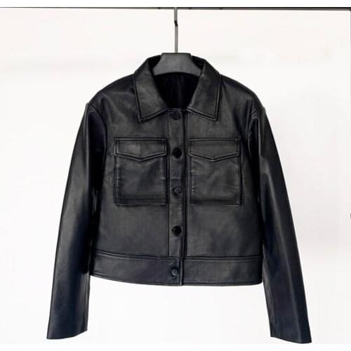 2021 Spring New Leather Leather Womens Short Sheepskin Big Pocket Square Collar Leather Jacket Was Thin Locomotive Jacket Tide