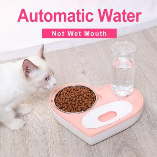 Pets Puppy Kitten Automatic Drinking Water Food Bowl With Water Bottle Cats Dog Not Wet Mouth Water Stainless Steel Food Bowls