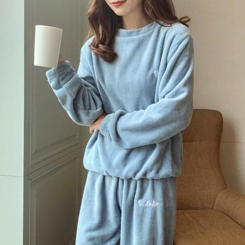 2021 Autumn Pajama Set Women Sleepwear Autumn Winter Warm Plush Solid Color Long Sleeve Blouse Pant Pajama Set Ladies Homewear