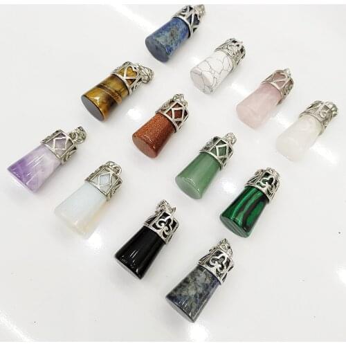 Natural Original Stone Crystal Charms Women Jewelry Making Alloy Head Cylindrical Pendant for DIY New Necklace Accessories Wicca