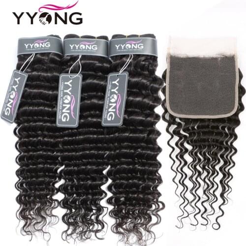 Yyong 4X4&5x5 Closure With Bundles 8-30inch Brazilian Deep Wave Bundles With Closure Remy 3/4pcs Hair Weave Bundles With Closure