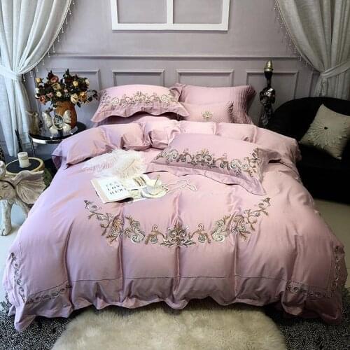 Luxury Embroidery Egyptian Cotton Pink Bedding Set King size Queen Bed set Bed Sheet set Fitted sheet Duvet Cover parure de lit