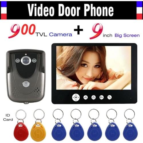 Video Intercom Door Phone System 9 Inch Monitor 900TVL HD Camera 7pcs RFID Keyfob Wired Video Doorbell IR Night Vision Camera