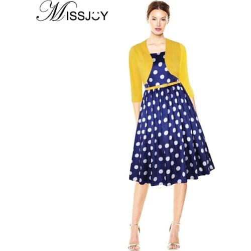 MISSJOY S-3XL Plus Size 2019 Autumn New Arrival O-Neck sleeveless two piece vintage high waist polka dot A-line dress with Belt