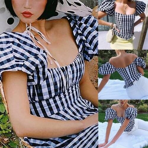 Womens Fashion Sexy Plaid Puff Sleeve Slim One-Neck Short Sleeve T-Shirt Tops Black