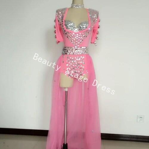 Female Singer Neon Rose White Dj Ds Powder Sparkling Crystals Rhinestone Fashion Epaulette Train Costume Nightclub Dance Wear