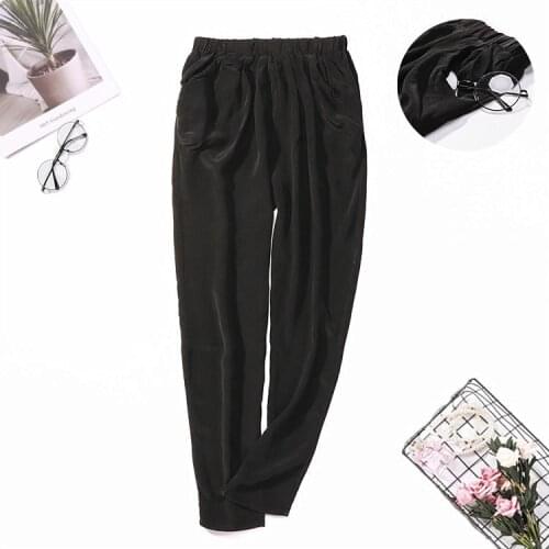 Womens 100% Pure Silk Thin Loose Type fashion Long Pants Trousers Black Harem Pants JT006