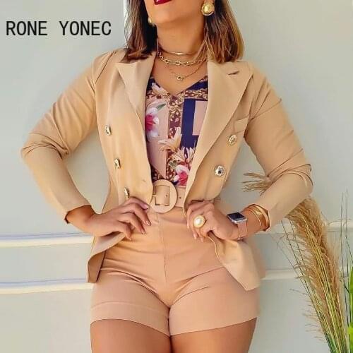 Women Solid Elegant button Bodycon Short Blazer Sets