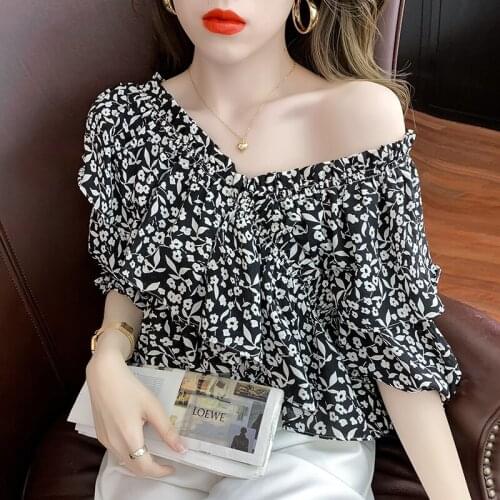 One Shoulder Top Womens Shirt Summer 2021 Blusas Mujer De Moda Floral Green for Women blouse Dropshipping Chiffon Female 0662