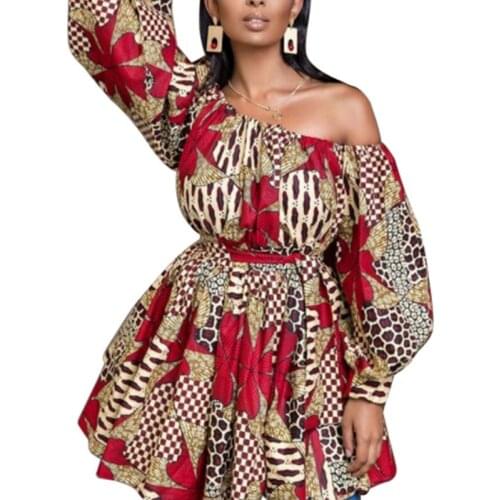 Women Oblique Shoulder Lantern Sleeve Digital Shrink Pleated Mini Dress Sexy Special Dress Spring Autumn