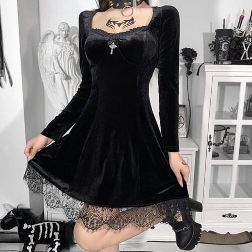 High Waist Vintage Black Dress Female Goth Lolita Cross Pendant Lace Pleated Dress Goth Harajuku Party Club Frock Streetwea