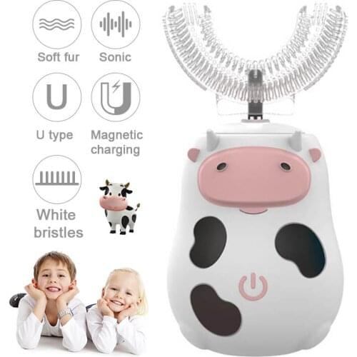 Sonic Electric Kids Toothbrush U Shaped Waterproof Transparent Soft Fur Magnetic Charging Cute Calf Toothbrush With Cup