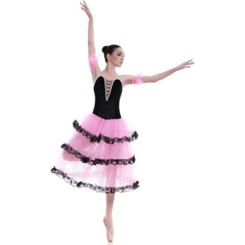 Spanish Long Ballet Tutu Black Velvet Black Top Bodice Pink Tulle Ballet Costumes Dance Tutu Ballerina Dance Costumes 18004