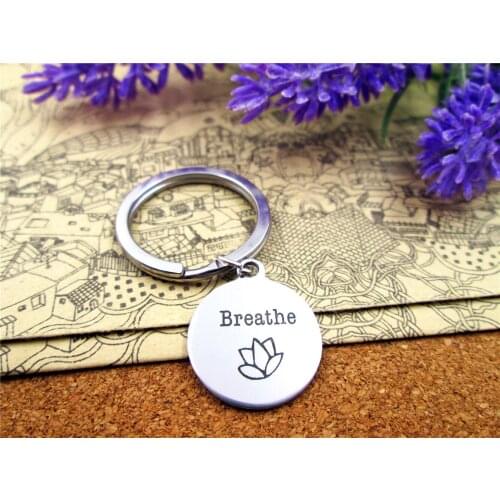 3pcs/lot 28mm stainless steel keyring with 20mm stainless steel circle round "breathe lotus " charms keyring