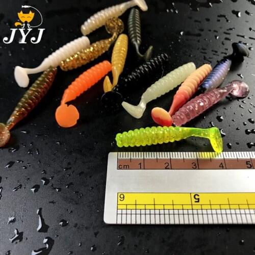 50pcs 4cm 1.3g different colors super soft T tail small grub worm maggot silicone fishing bait grub lure bait Japan Paddle tail