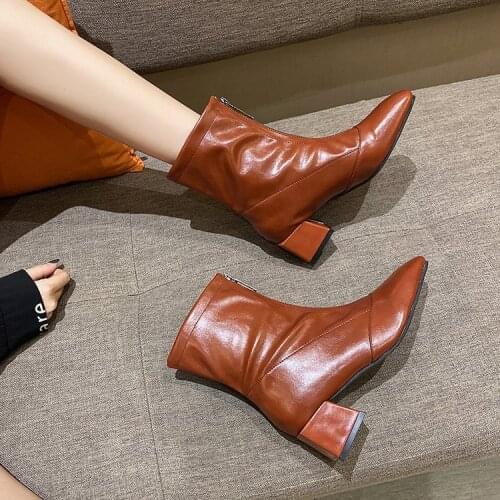 Martin boots Fashion Zip Women Boots Soft Pu Leather Ankle Boots Comfortable Square Low Heel Boots Ladies Shoes Big Size 35-40