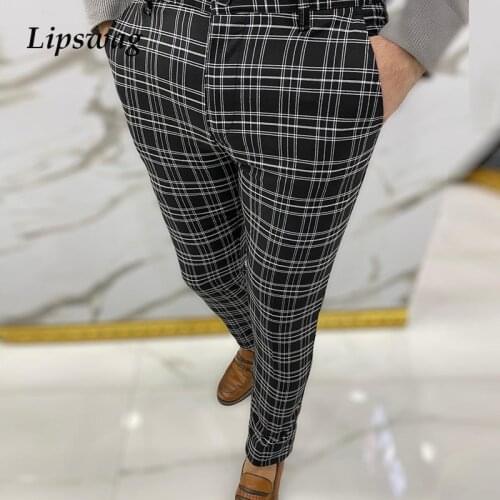 2021 Summer Casual Men Plaid Printed Pants Fashion Buttoned Mid Waist Slim Pencil Pants Business Trouser Mens Clothes Streetwear