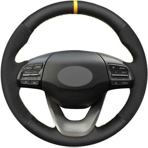 Car Steering Wheel Cover Soft Black Genuine Leather Suede DIY Hand Sewing For Hyundai Kona 2017-2019 Encino 2017-2019