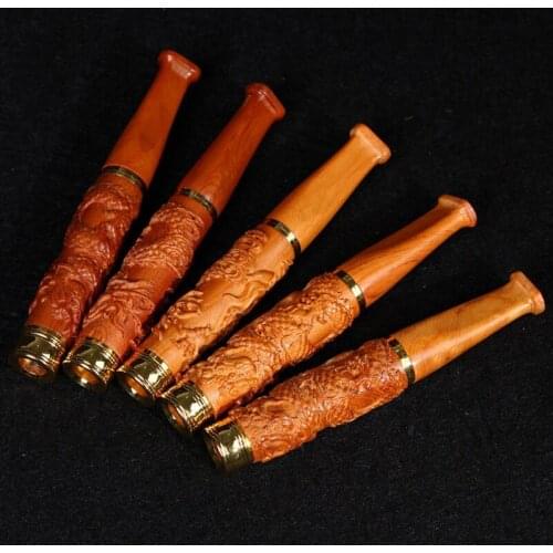 Natural Yew Wood Dimensional Carving Double Filter Cigarette Holder Pipe Seiko Dragon and Phoenix Patterns Smoking Accessories