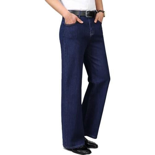 Jeans For Men Mid-High Waist Stretch Loose Wide-Leg Pants Classic Design Big Flared Pants Dark Blue Jeans