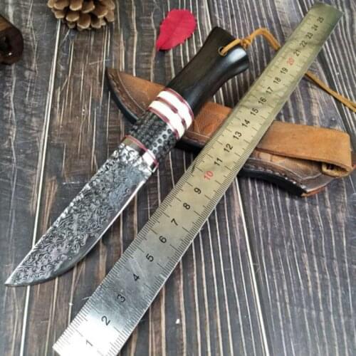 Hot Sale Damascus steel Straight knife Antlers handle Hunting camping Survival Fixed Blade knife