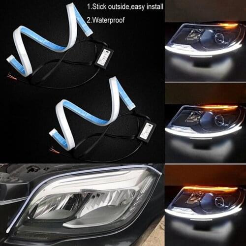 2Pcs Soft Car Auto Sequential Flow Strip 60cm LED Flexible DRL Headlight Turn Signal Switchback Light Lamp