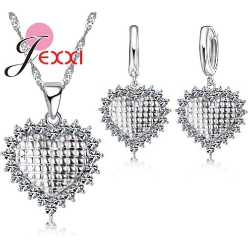 Romantic 925 Sterling Silver Cubic Zirconia Heart Pendant Necklace Earrings Lovers Wedding Engagement Jewelry Sets Bijoux